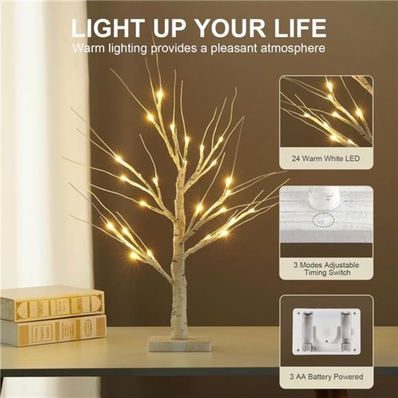 2FT/24” Birch Tree Light with 24LT Warm White LED Battery Powered - Picture 3 of 8